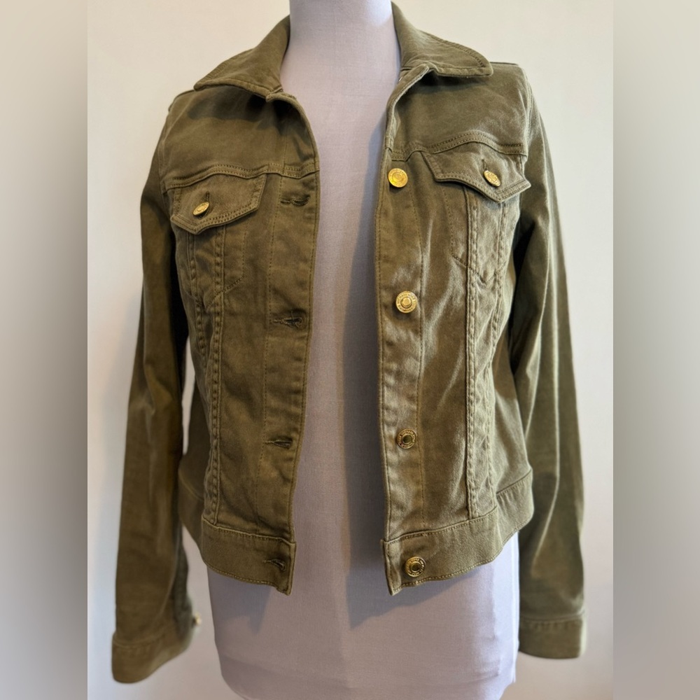 Michael Kors Olive Green Denim Utility Jacket with Gold buttons